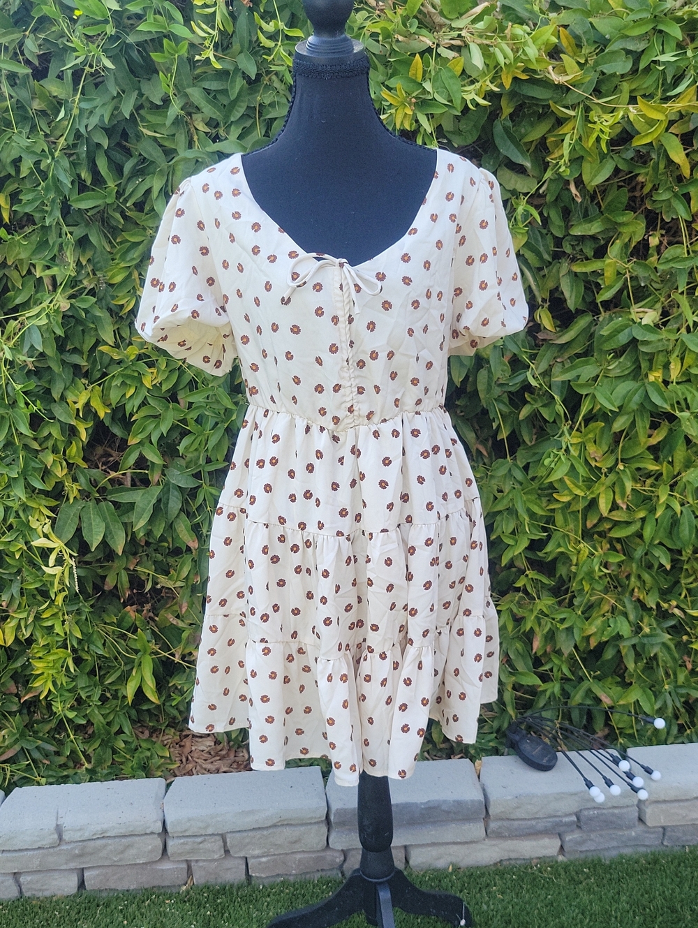Petal & Pup Cream Mini Dress with Brown Sunflower Dot Print 6